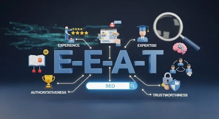 3D illustration of Google E-E-A-T framework showing Experience, Expertise, Authoritativeness, and Trustworthiness as key elements of SEO.
