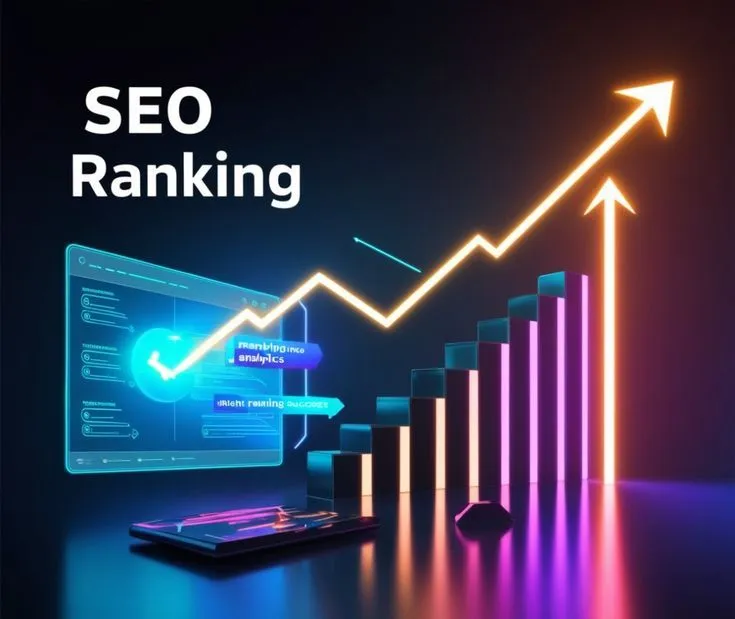 3D illustration showing an upward arrow and bar graph representing SEO ranking growth and digital analytics.