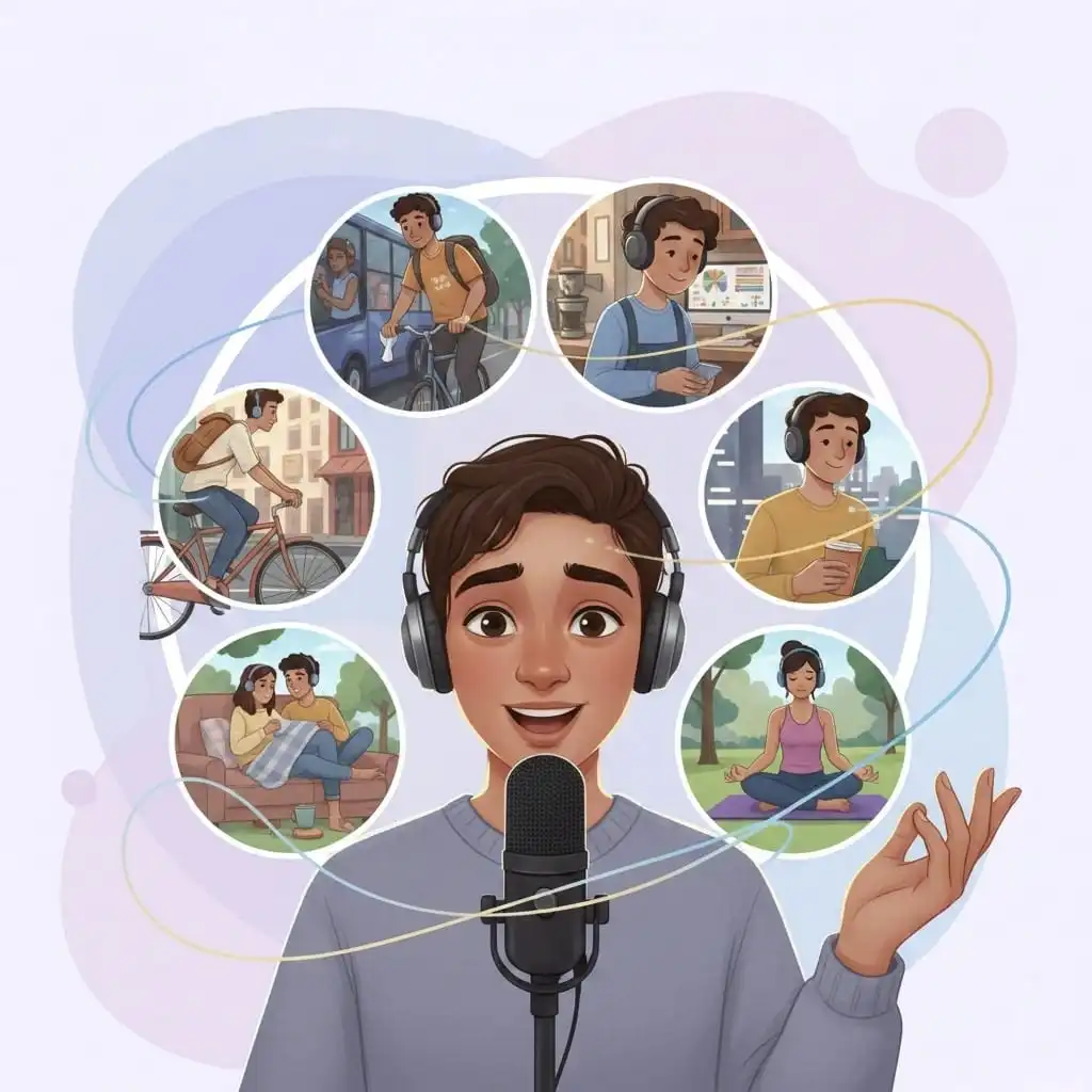 Illustrated podcast host recording business podcasts with a microphone and headphones, surrounded by scenes of daily life activities like commuting, working, relaxing and meditating, representing how podcasts fit into everyday routines.
