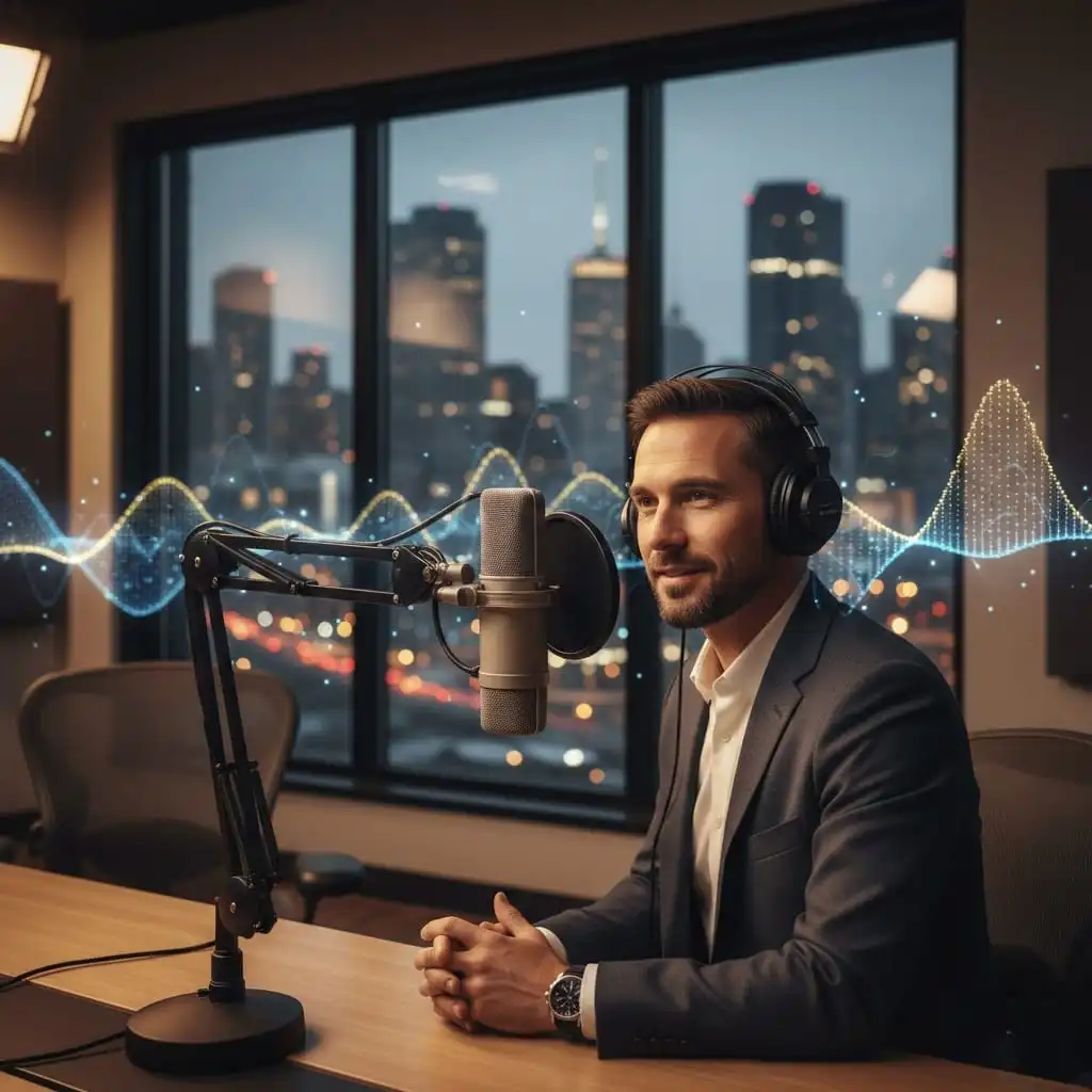 Professional host recording business podcasts in a modern studio, wearing headphones and speaking into a microphone, with a city skyline visible through the window and audio wave graphics in the background.
