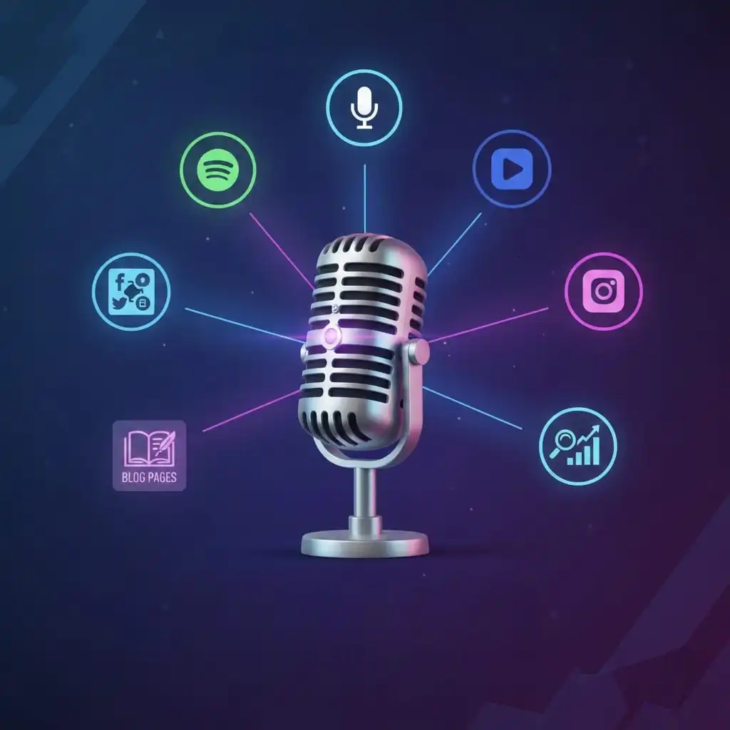 Microphone icon at the center with connected platform and social media symbols, illustrating the distribution and promotion of business podcasts across streaming, blogging and digital marketing channels.
